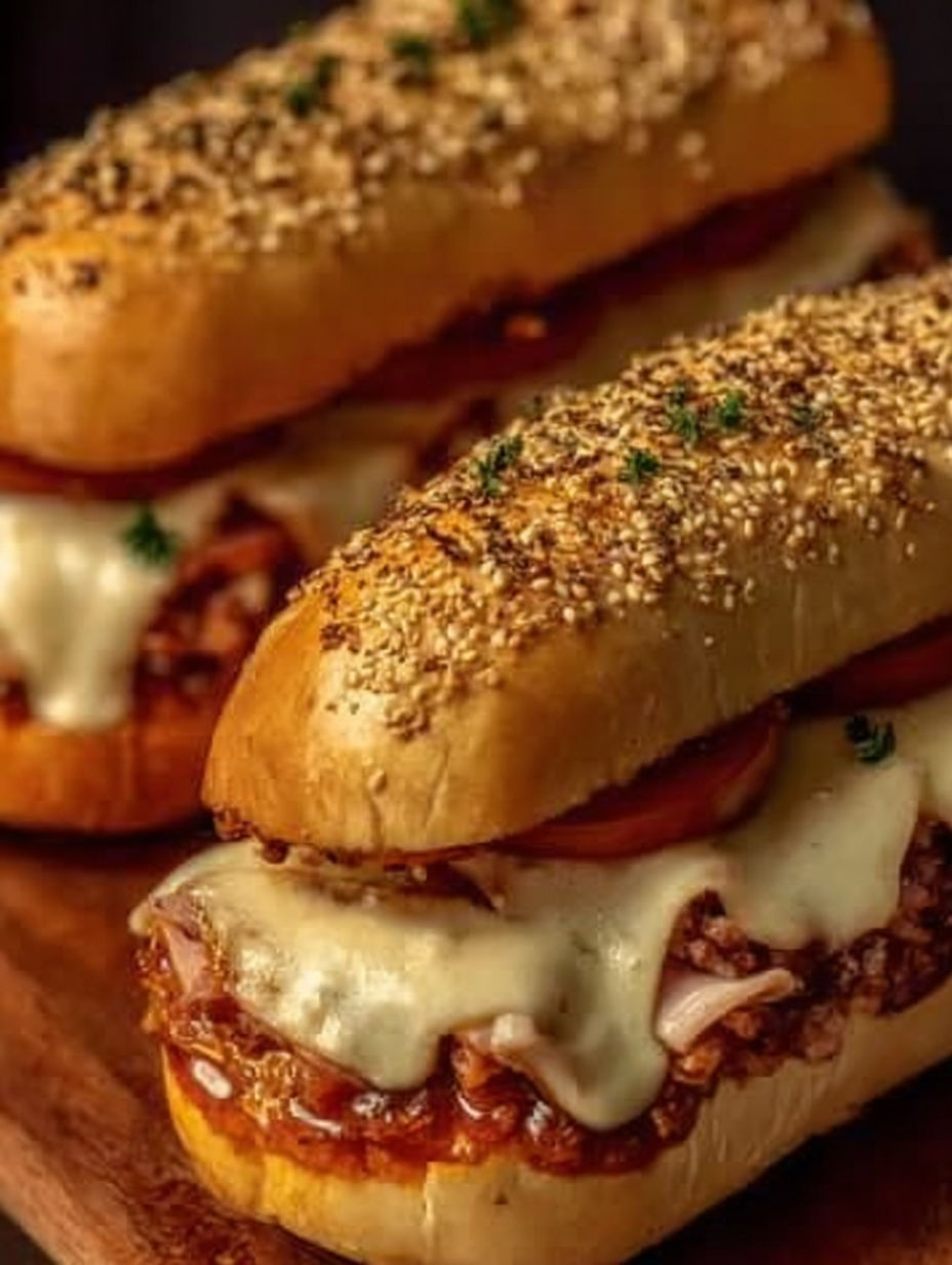 A sandwich with meat and cheese on top.