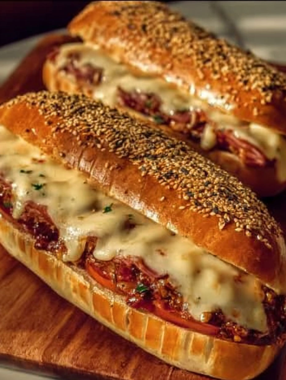 Two sandwiches with meat and cheese.
