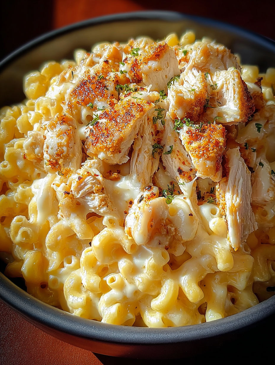 A bowl of macaroni and cheese with chicken on top.