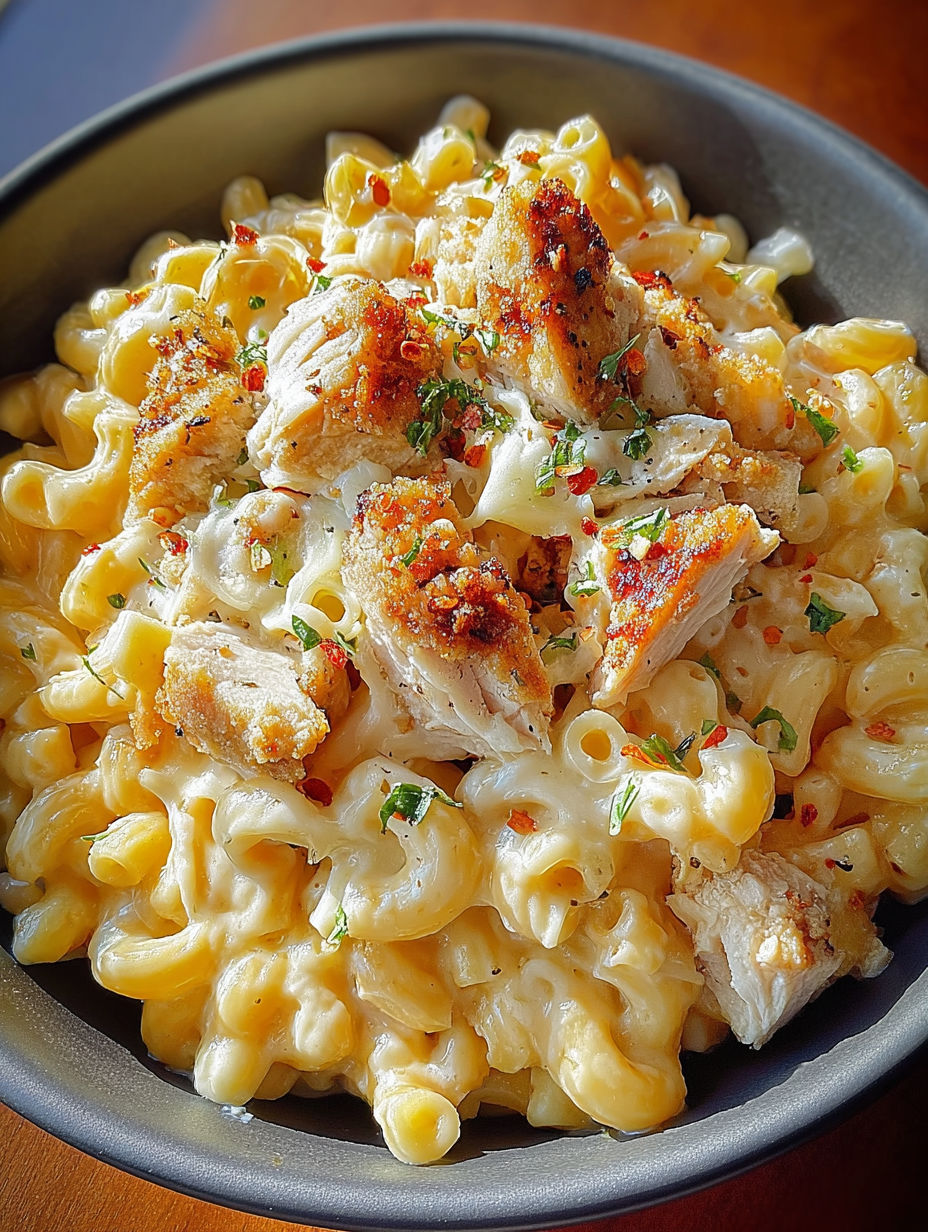 A bowl of macaroni and cheese with chicken.