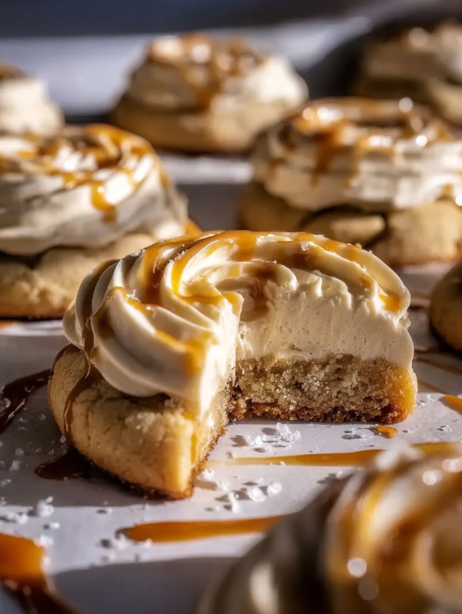 A cookie with a white frosting and caramel drizzle.