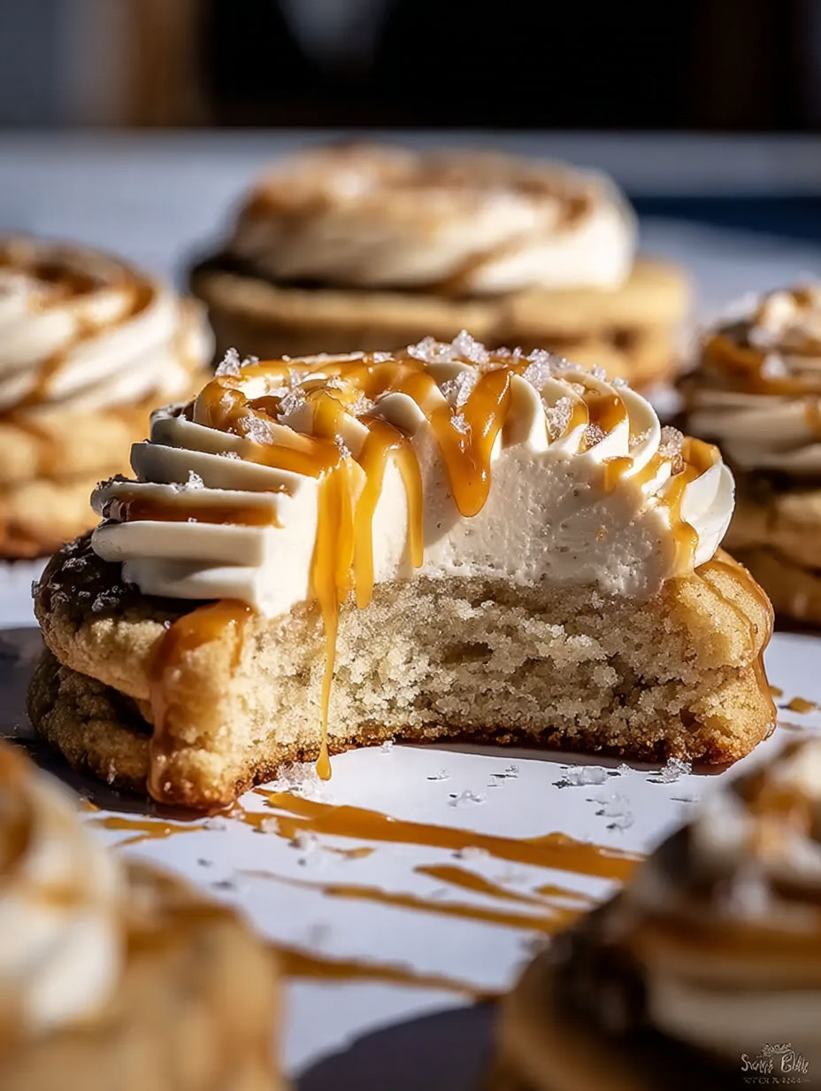 A close up of a pastry with caramel drizzled on top.