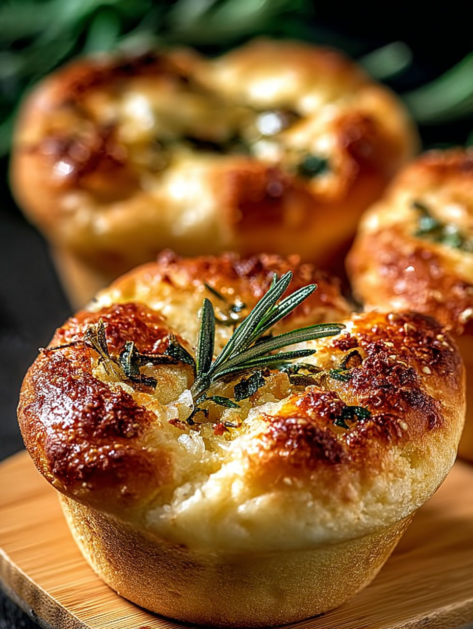 A close up of a food item with a sprig of rosemary on top.