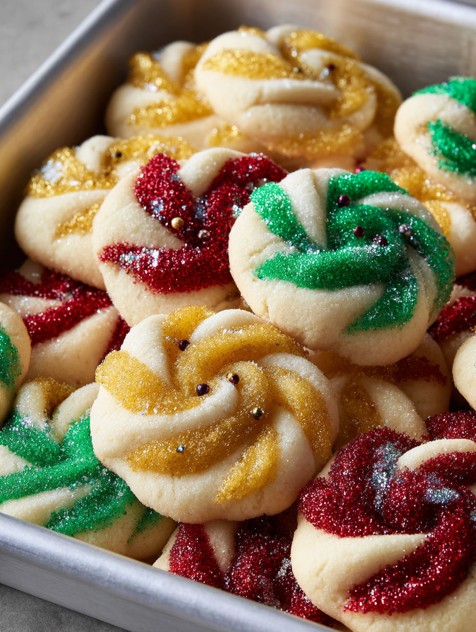 A pan of colorful cookies with sprinkles.