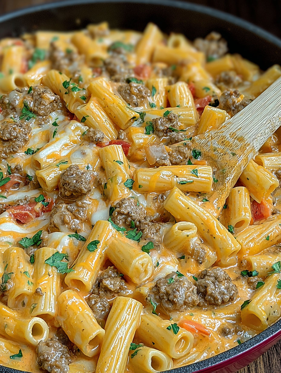 A plate of pasta with meat and tomatoes.