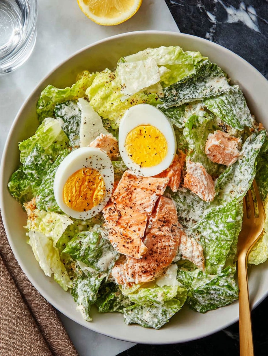 A plate of salad with eggs and fish.
