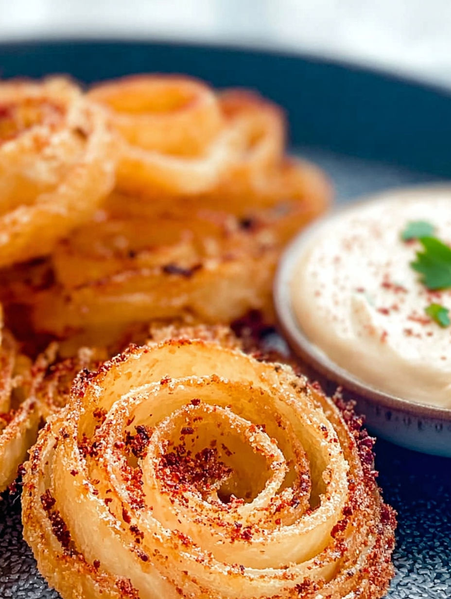 A plate of onion rings with a side of dipping sauce.
