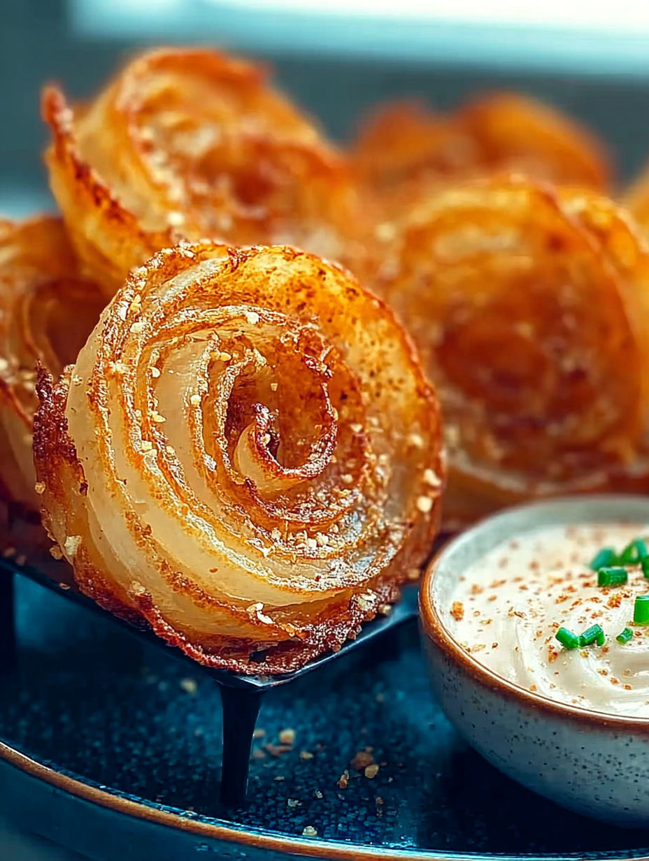 A bowl of sauce with a spoon and a plate of onion rings.