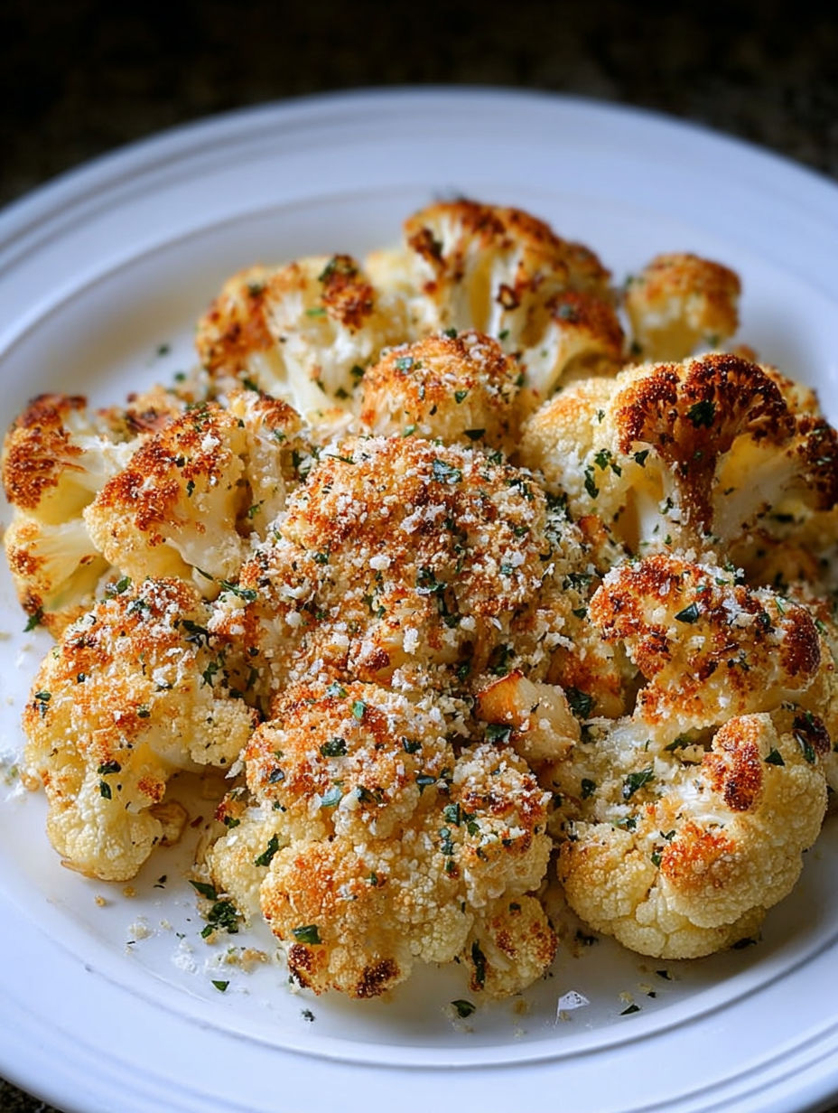 A plate of cooked cauliflower with cheese and herbs.