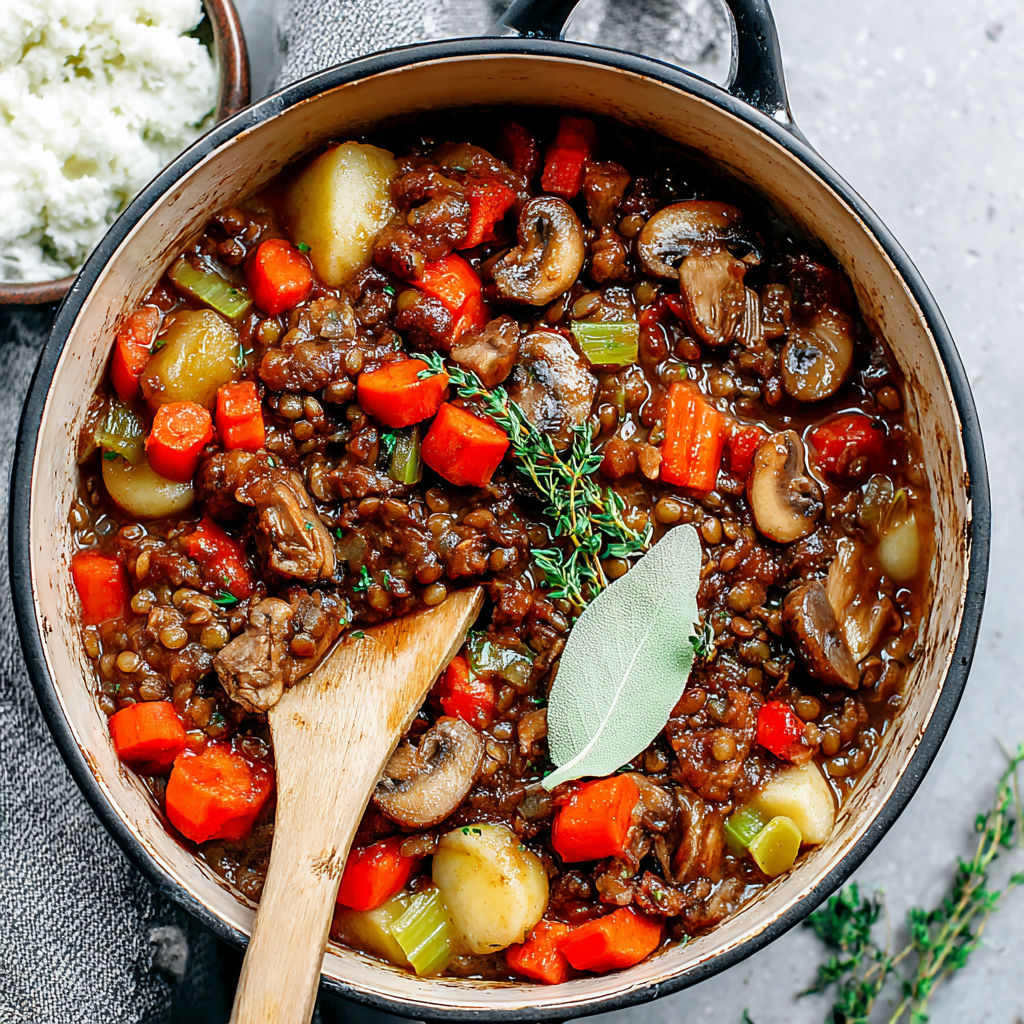 A bowl of stew with a spoon in it.