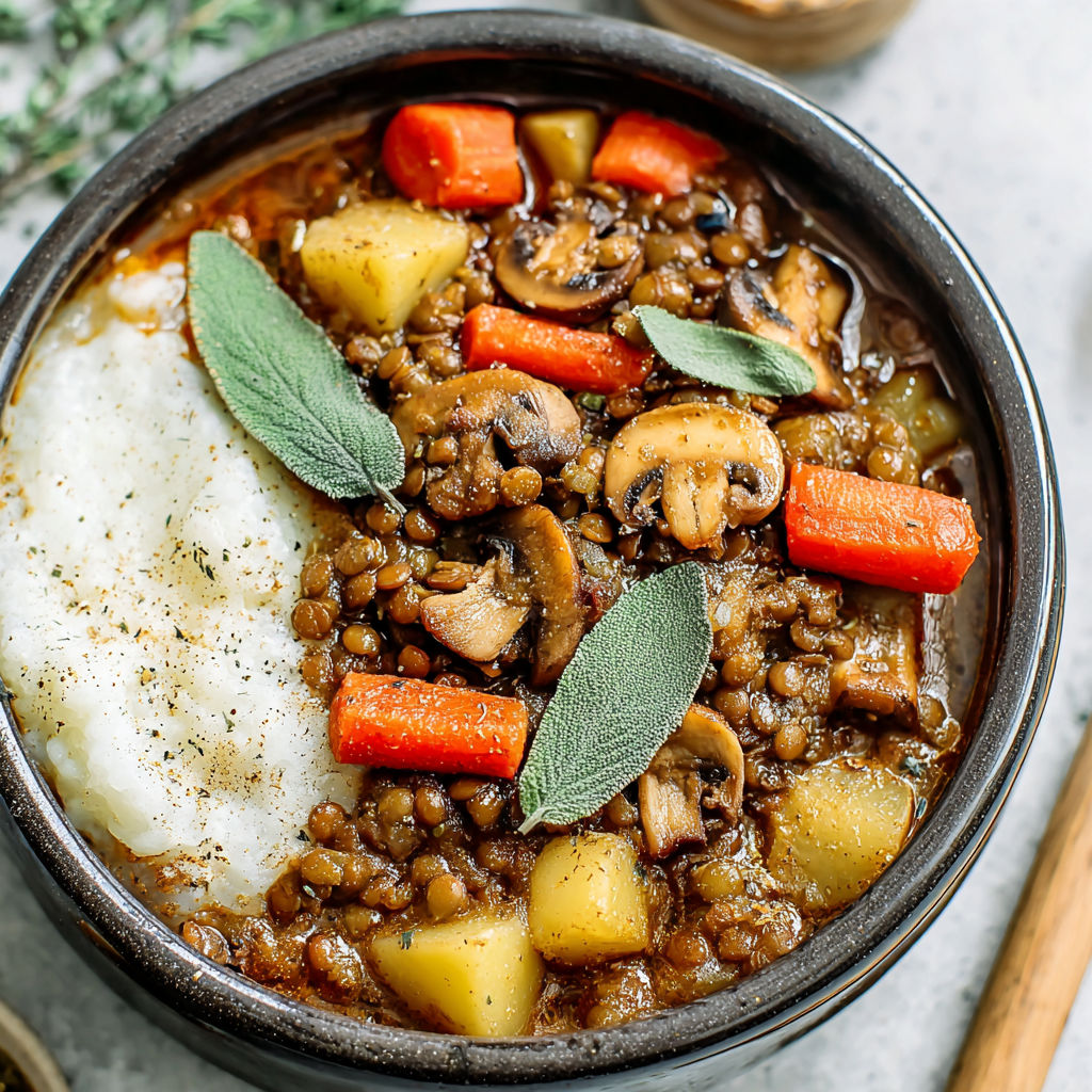 A bowl of soup with mushrooms, carrots, and potatoes.