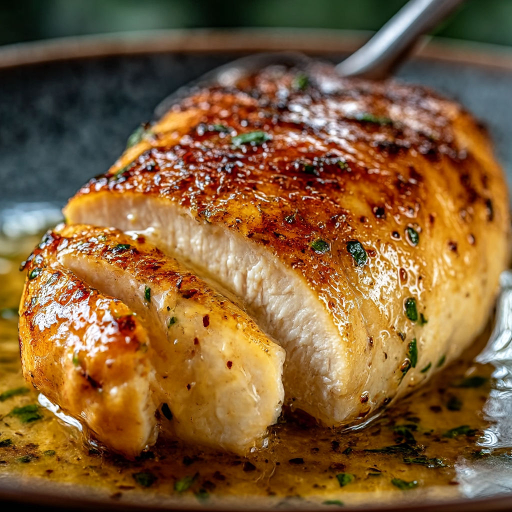 A piece of meat on a plate with a knife.