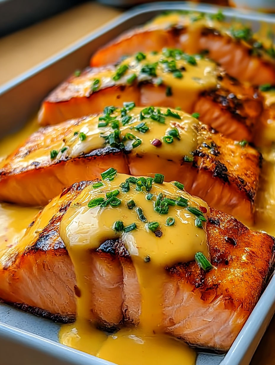 A dish of salmon with a creamy sauce.