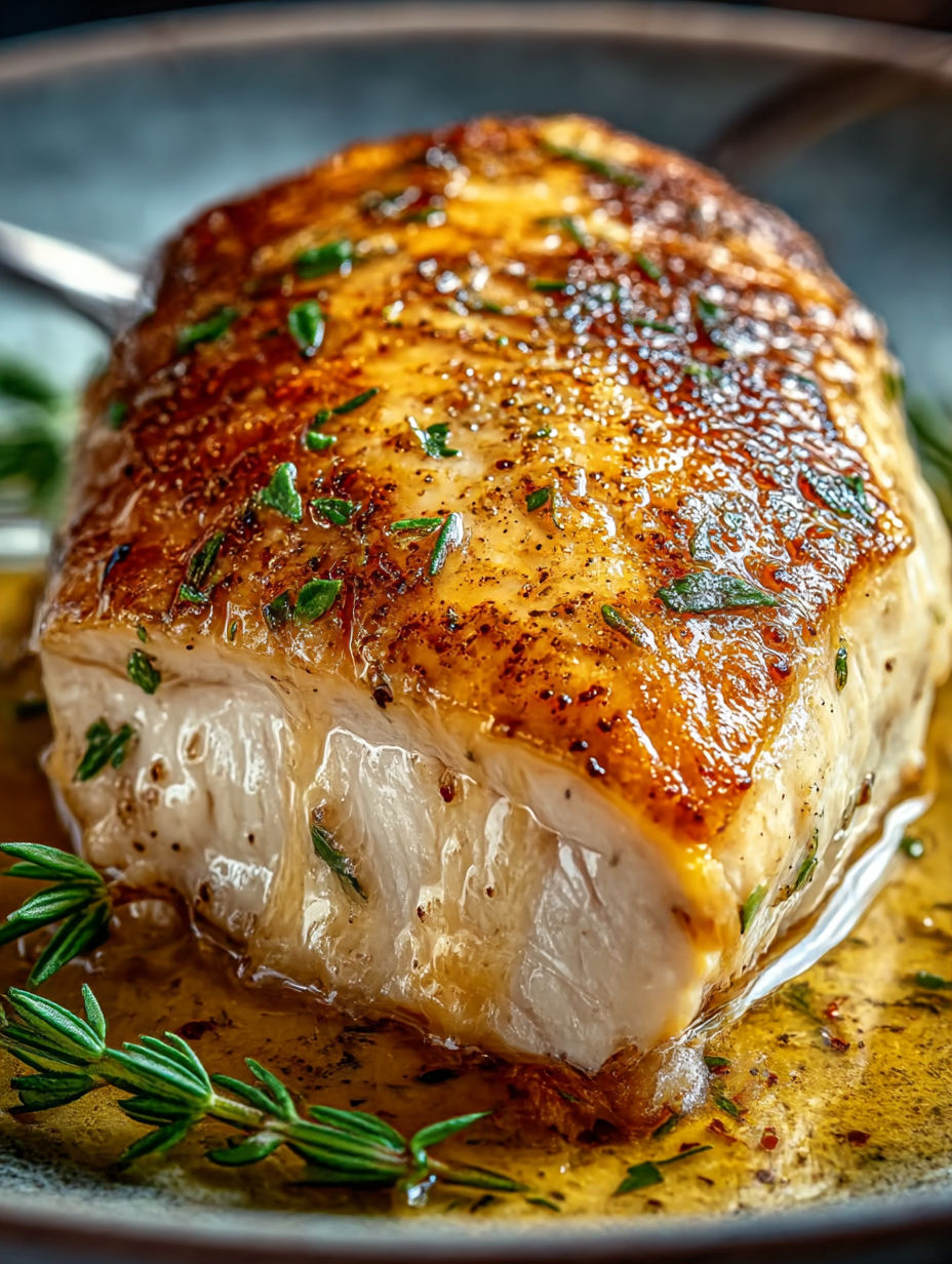 A piece of meat with herbs on it.