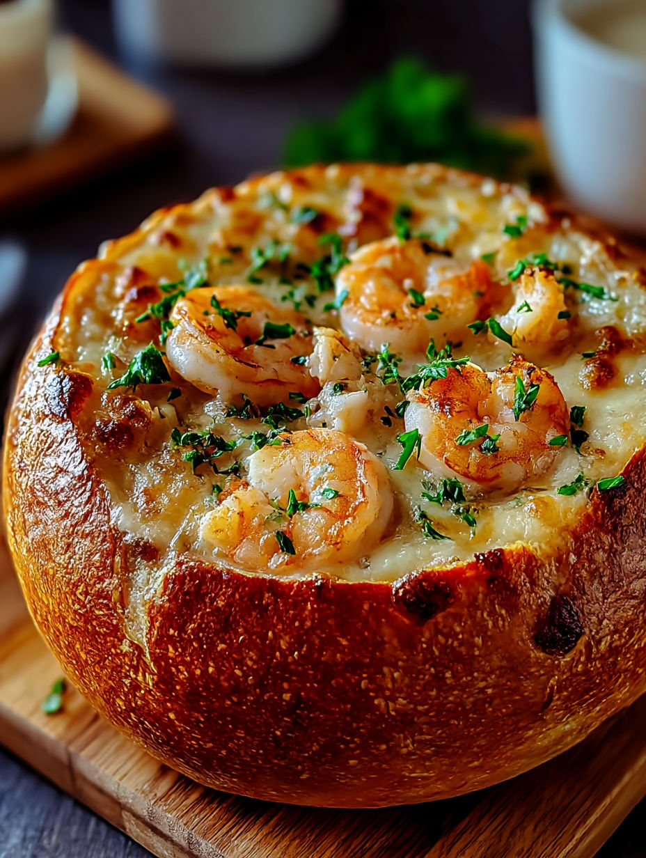 A bowl of shrimp and cheese.
