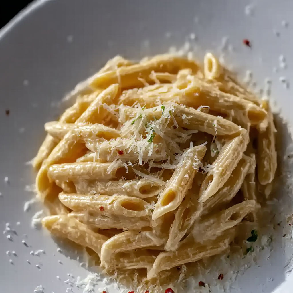 A plate of pasta with cheese and pepper on top.