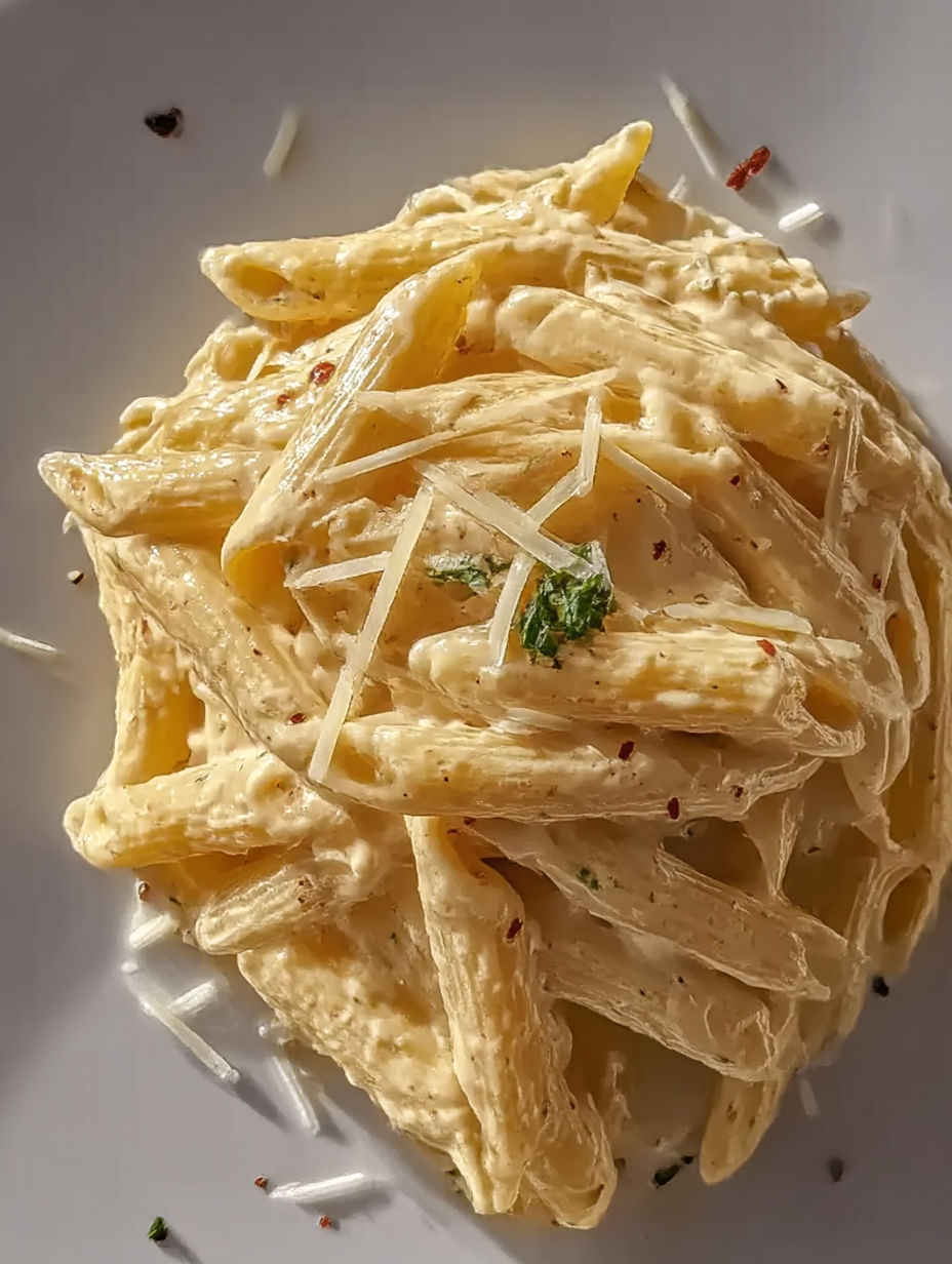 A plate of pasta with cheese and herbs on top.