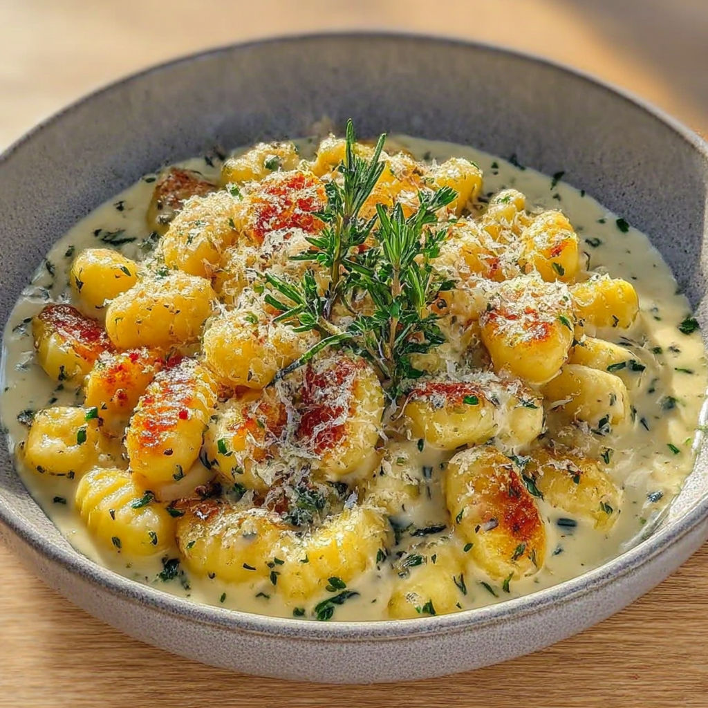 A bowl of pasta with cheese and herbs.