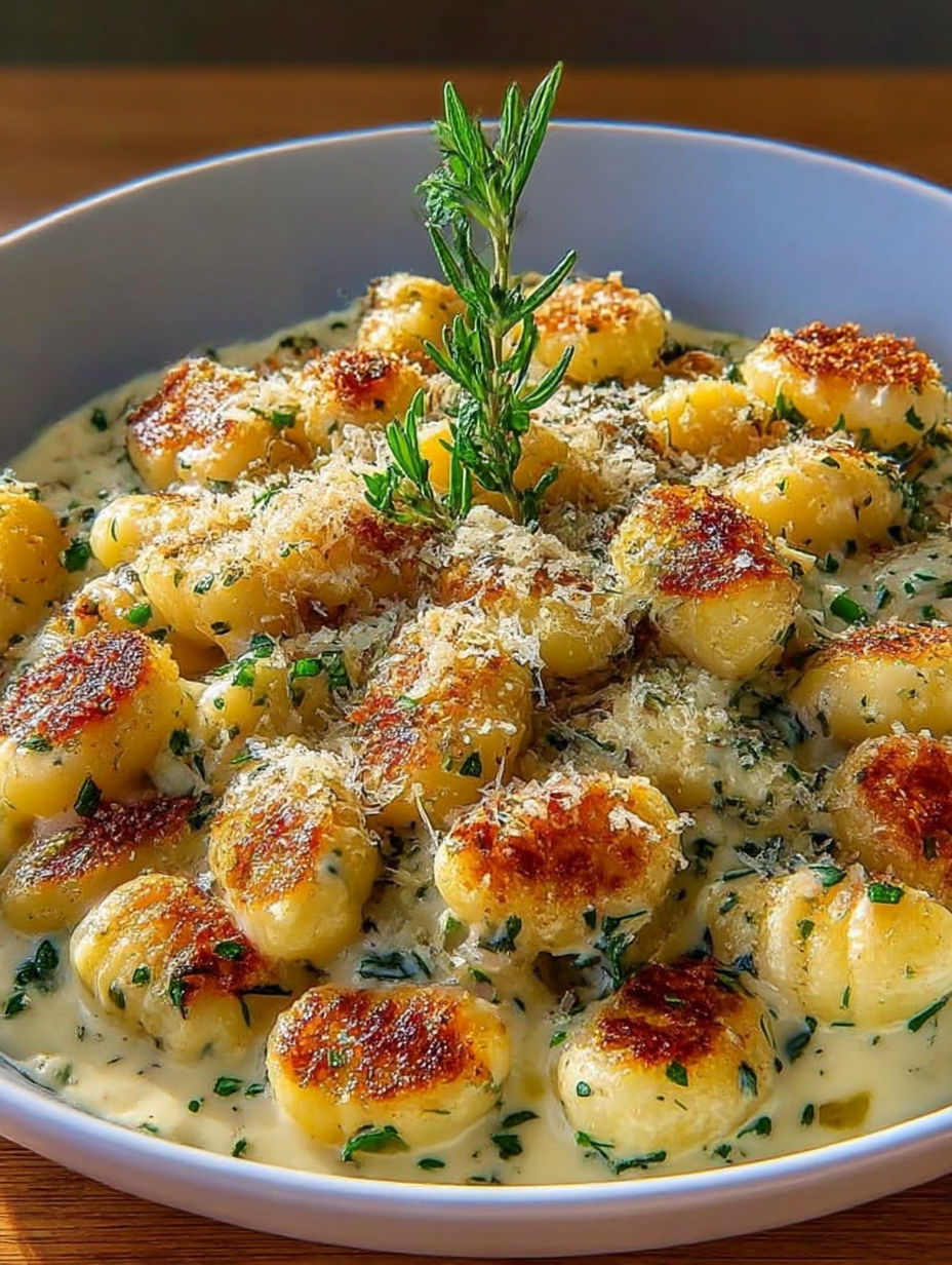 A bowl of pasta with a sprig of parsley on top.
