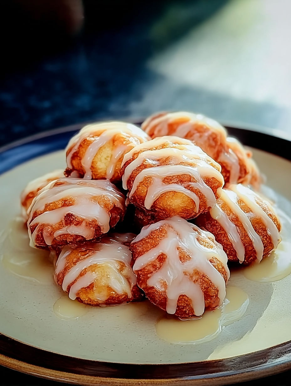 A plate of doughnuts with icing.