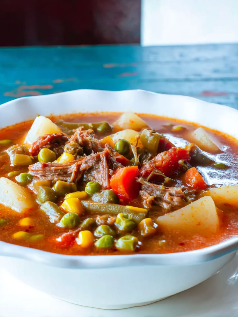 A bowl of soup with meat and vegetables.