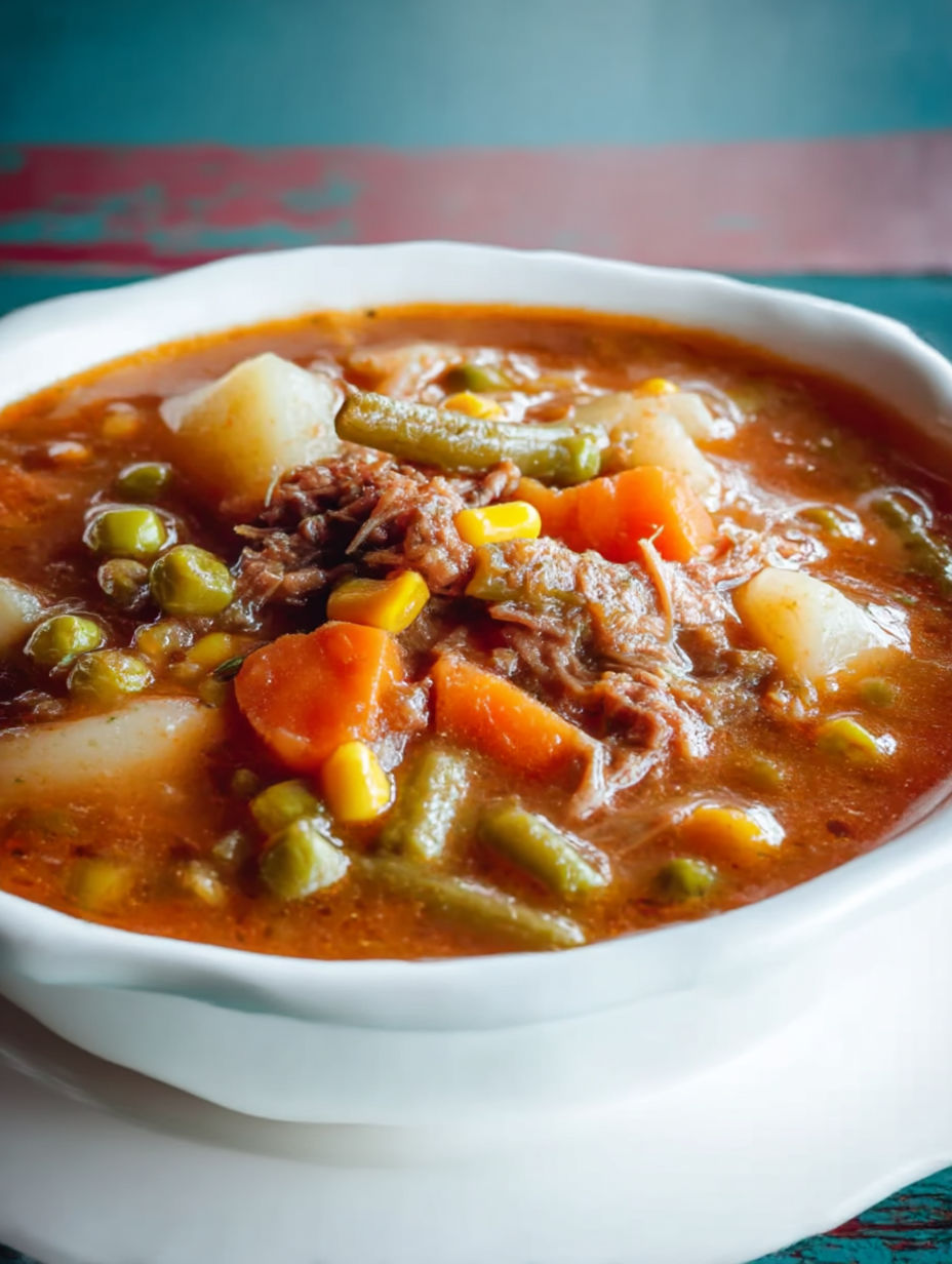 A bowl of soup with vegetables and meat.
