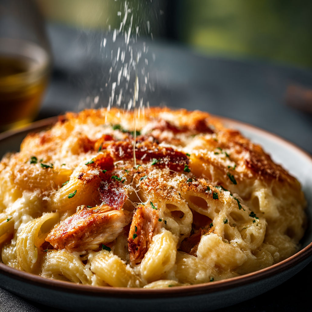 A plate of food with cheese and bacon on top.