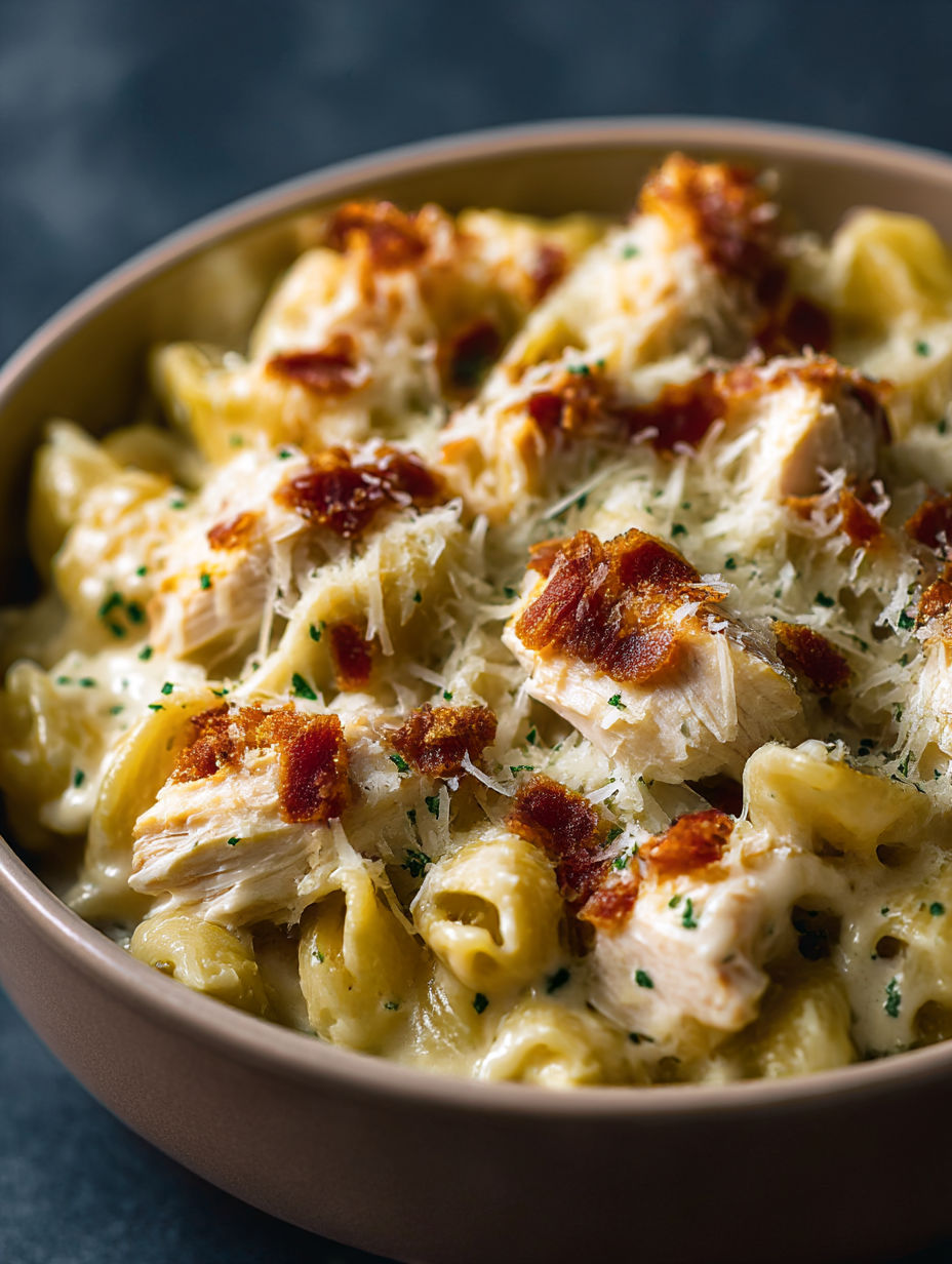 A bowl of pasta with chicken and cheese.