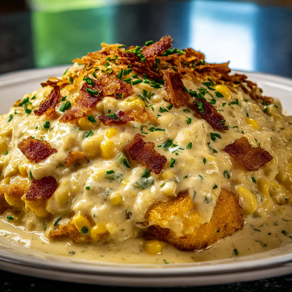 A plate of food with bacon and corn on top.