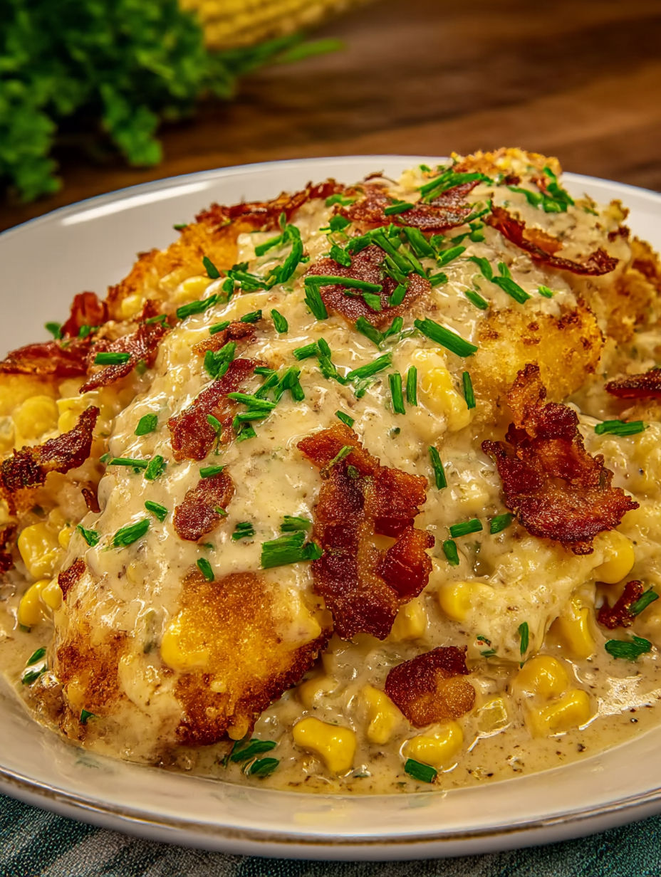 A plate of food with bacon and corn.