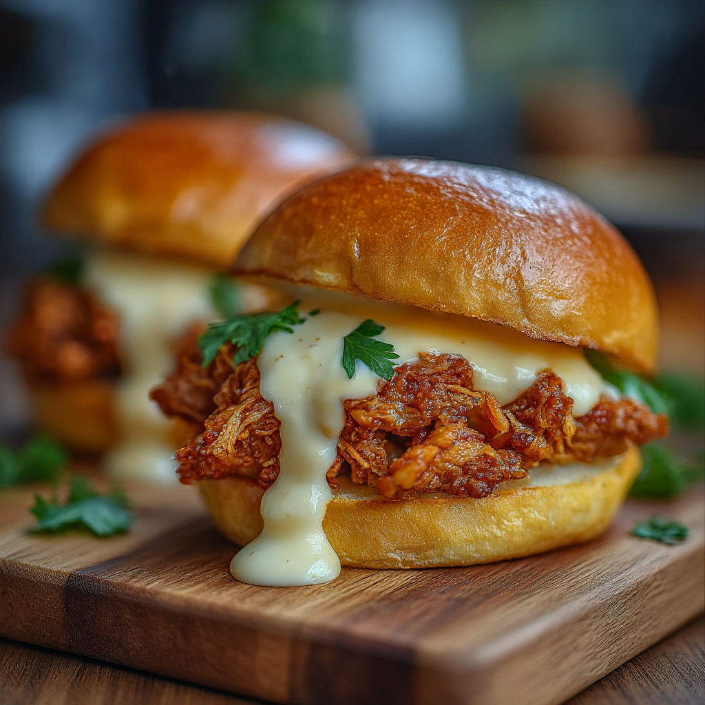 Two sandwiches with meat and cheese on a wooden table.