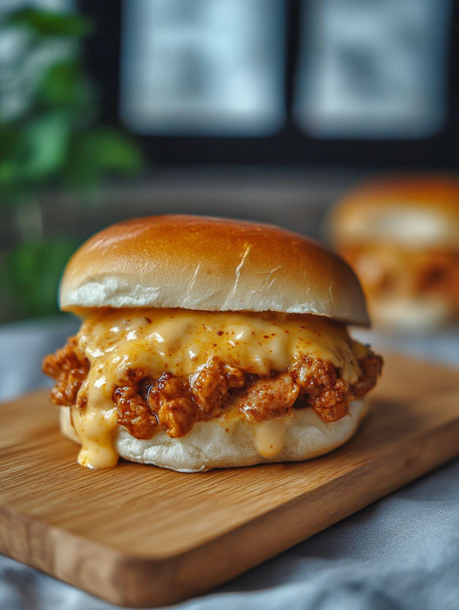 A sandwich with cheese and chicken on a wooden board.