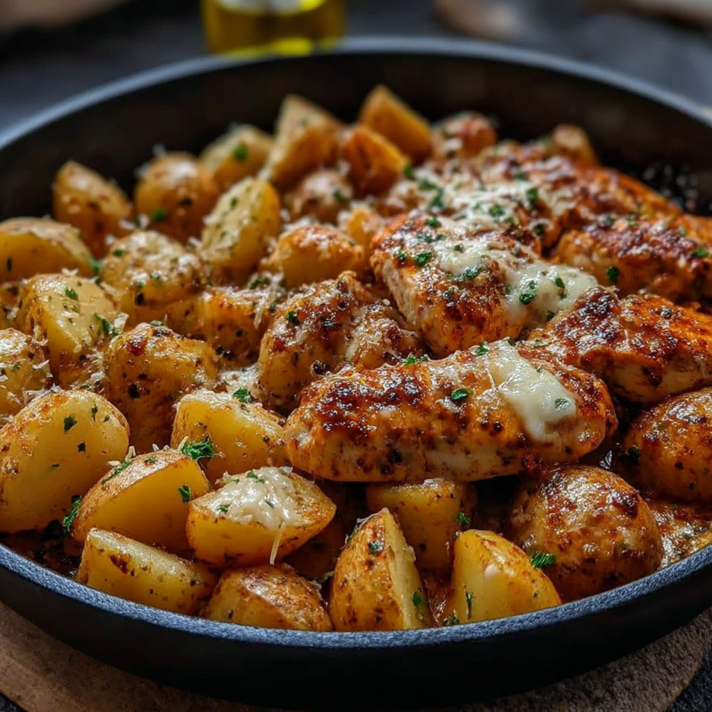 A plate of food with chicken and potatoes.