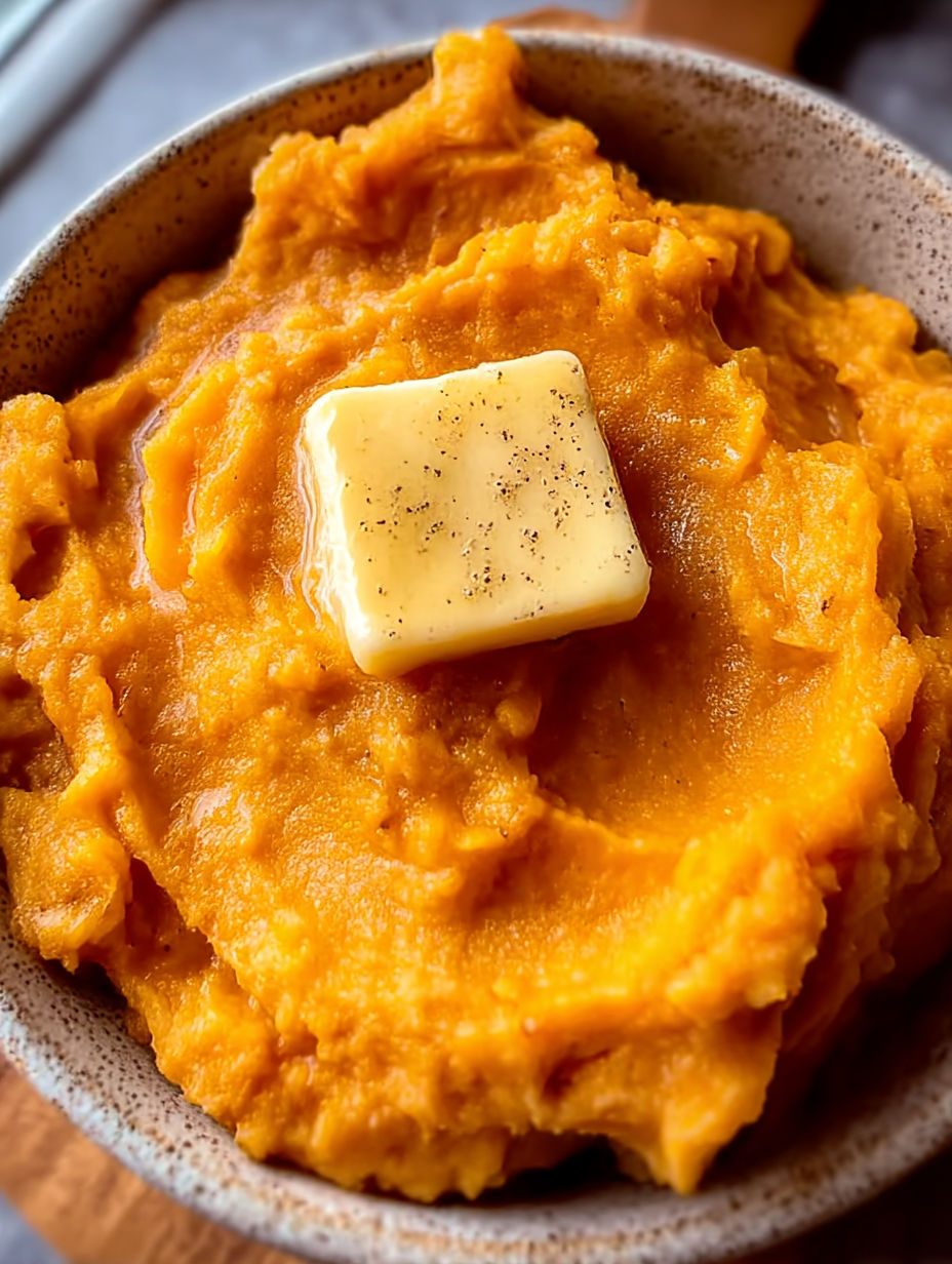 A bowl of mashed sweet potatoes with a piece of butter on top.