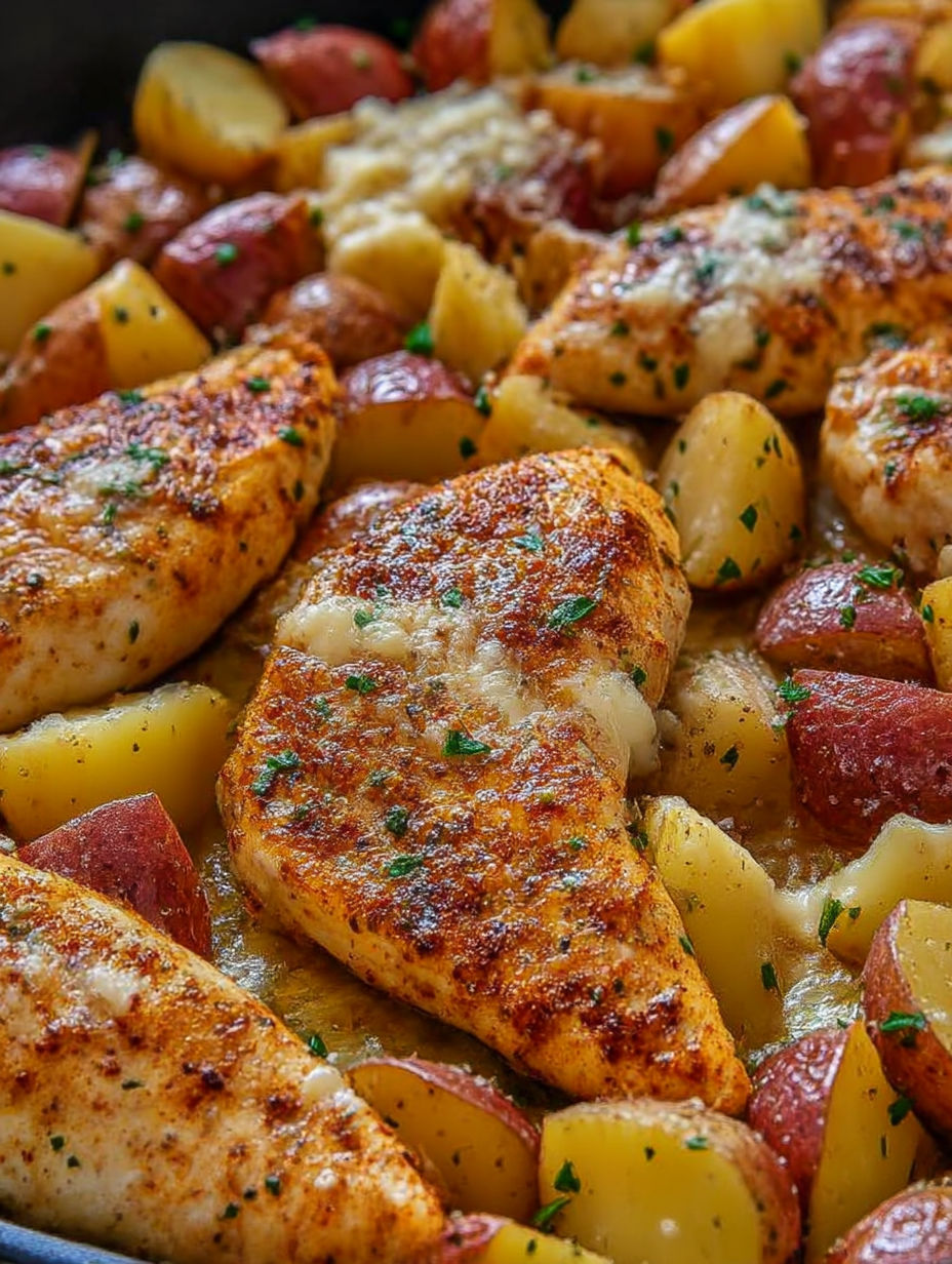 A close up of a delicious meal with chicken and potatoes.