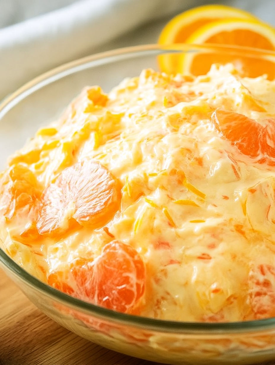 A bowl of food with a slice of orange on top.