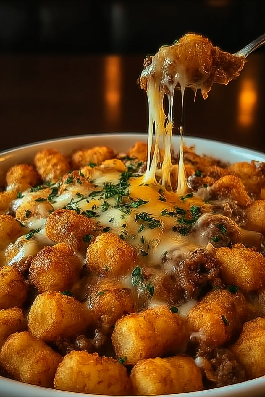 A bowl of food with cheese dripping out.