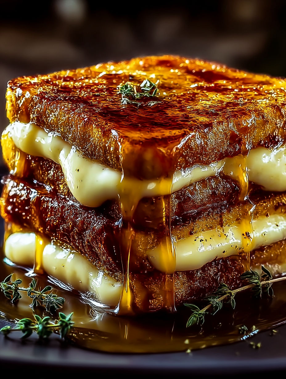 A stack of French toast with cheese drizzled on top.