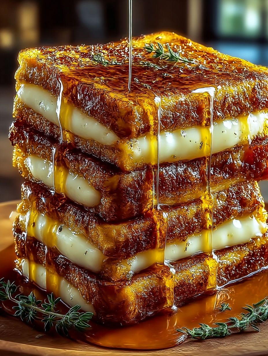 A stack of French toast with a drizzle of syrup.