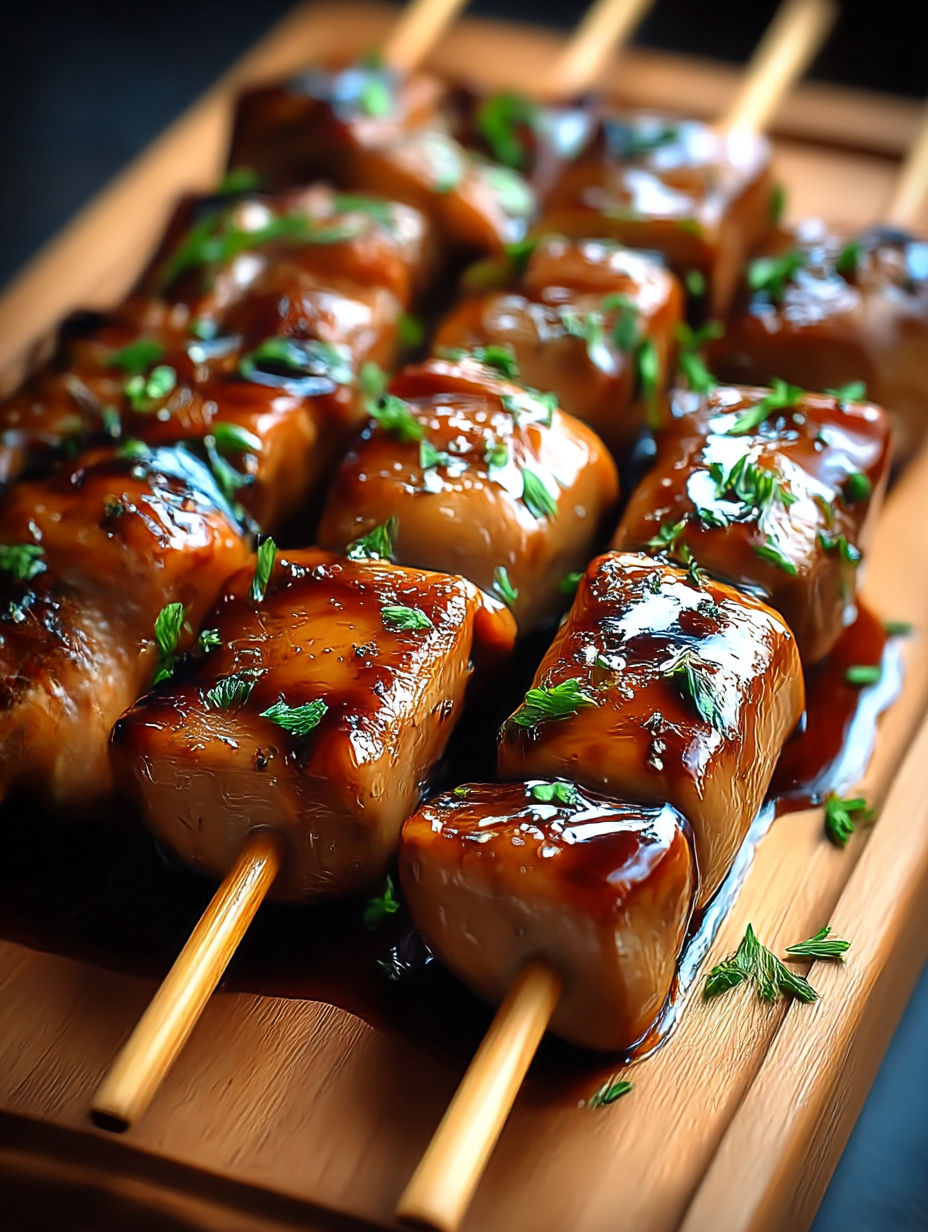 A wooden platter with a variety of meat skewers.