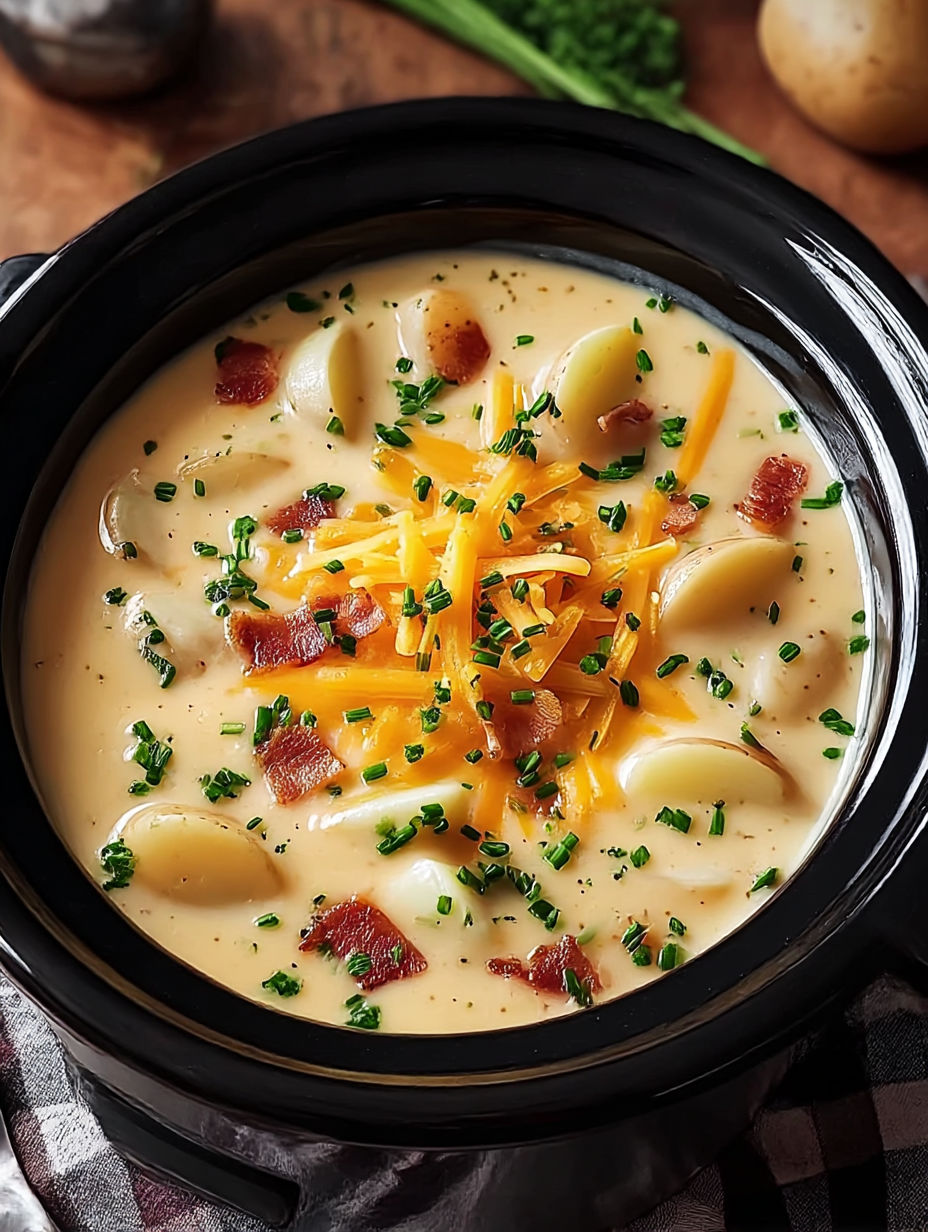A bowl of soup with cheese and bacon.