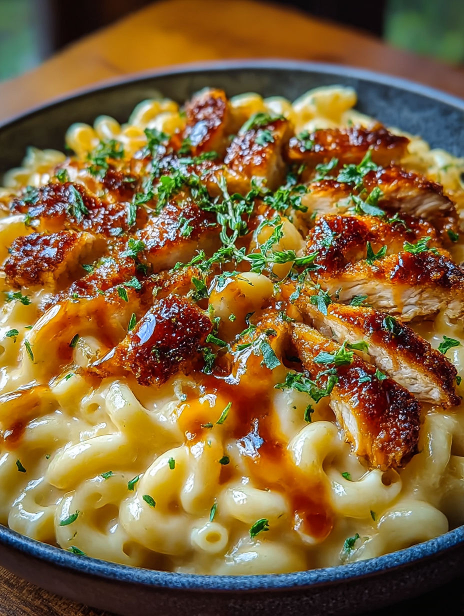 A bowl of macaroni and cheese with chicken.