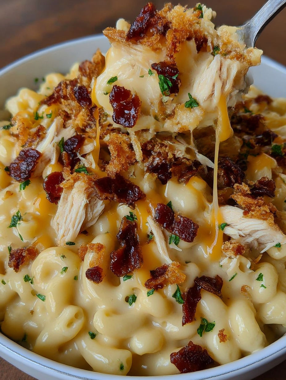 A bowl of macaroni and cheese with bacon bits on top.