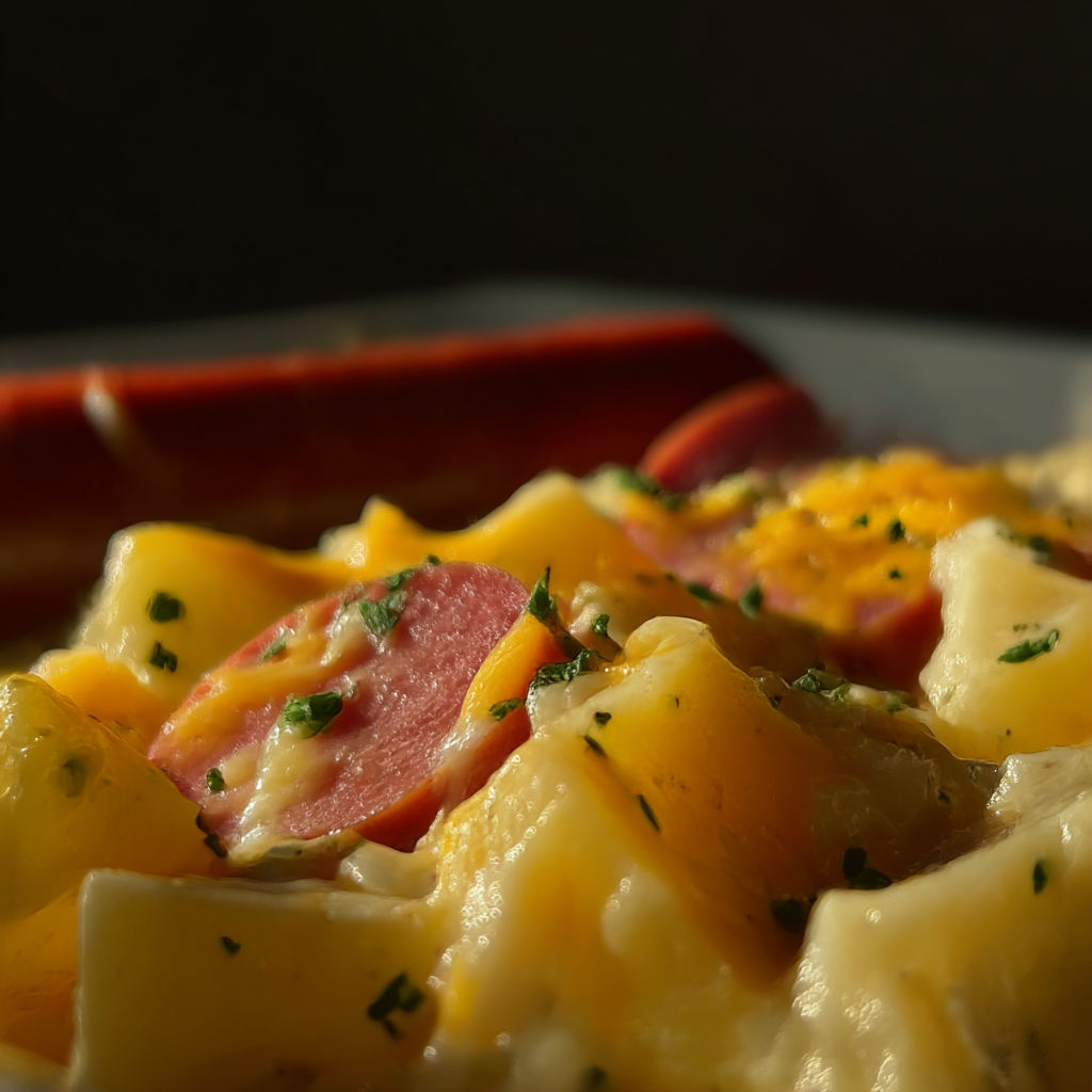 A plate of food with a hot dog and a sausage.