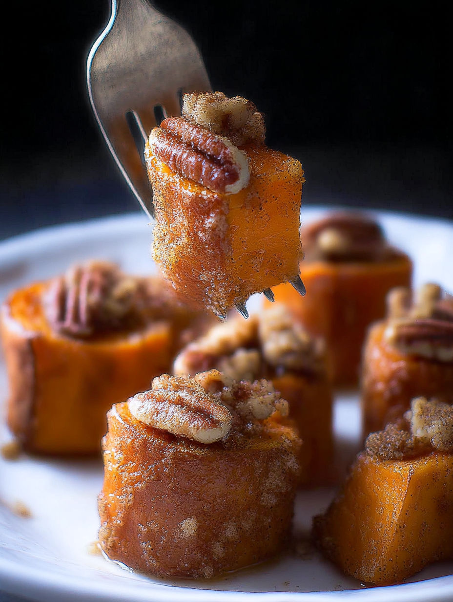 A fork is holding a piece of food.