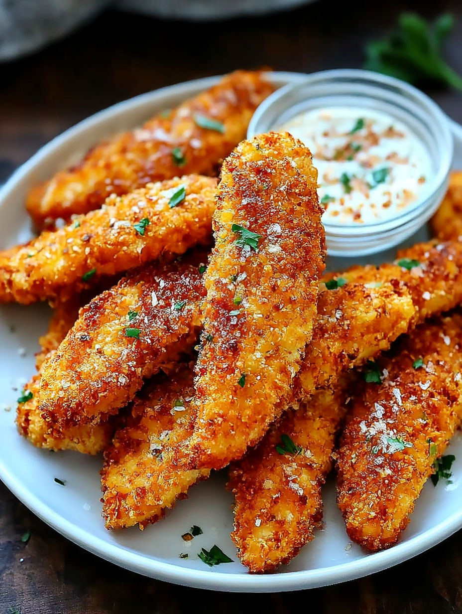 A plate of breaded chicken with a side of dipping sauce.