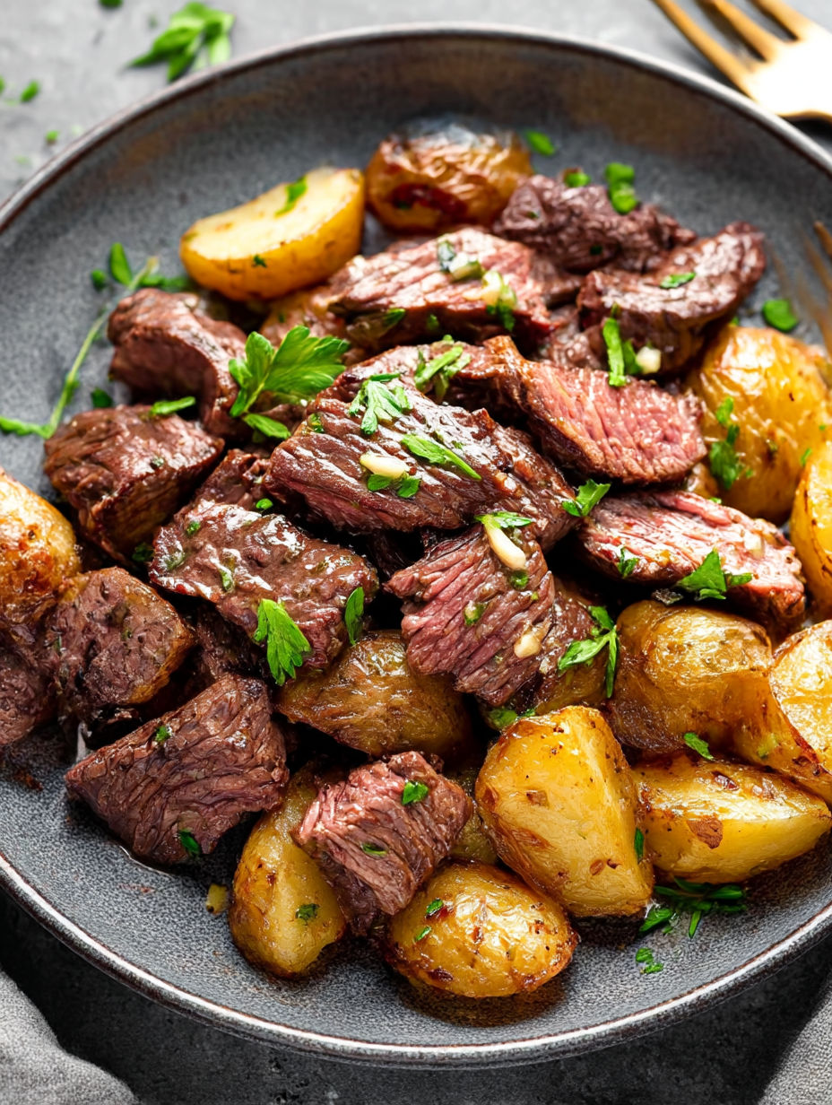 A plate of meat and potatoes.