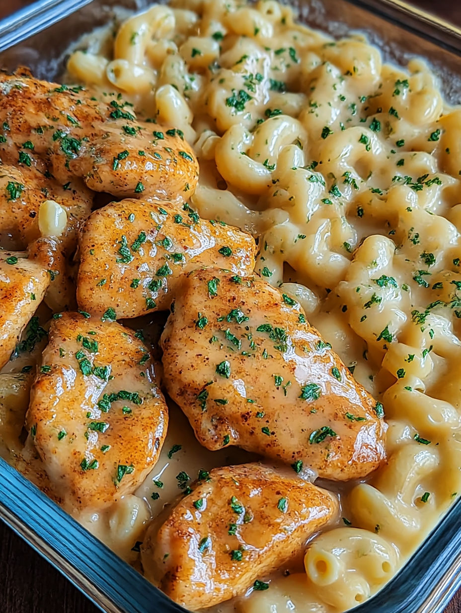 A plate of food with chicken and macaroni.