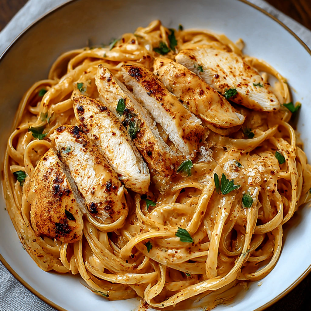 A plate of pasta with chicken and sauce.