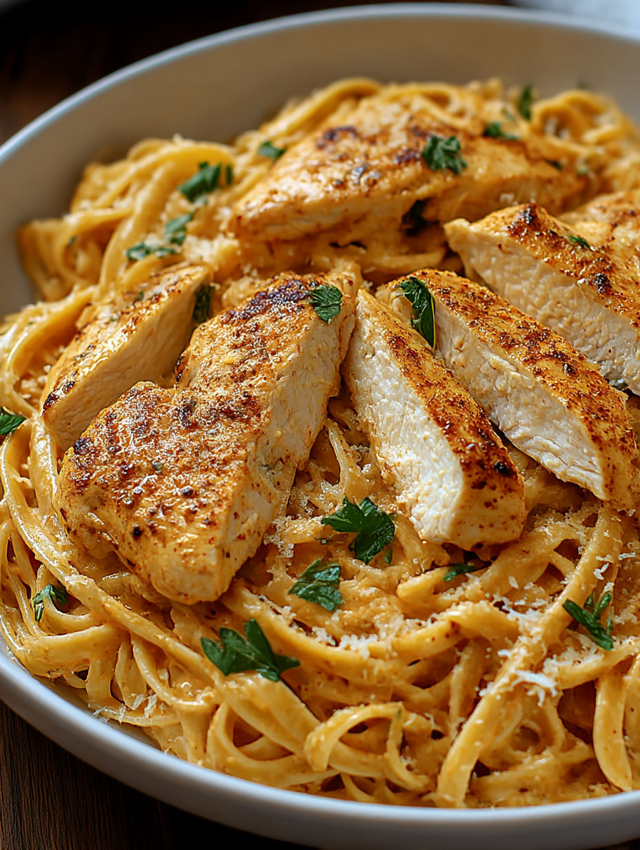 A bowl of pasta with chicken and herbs.